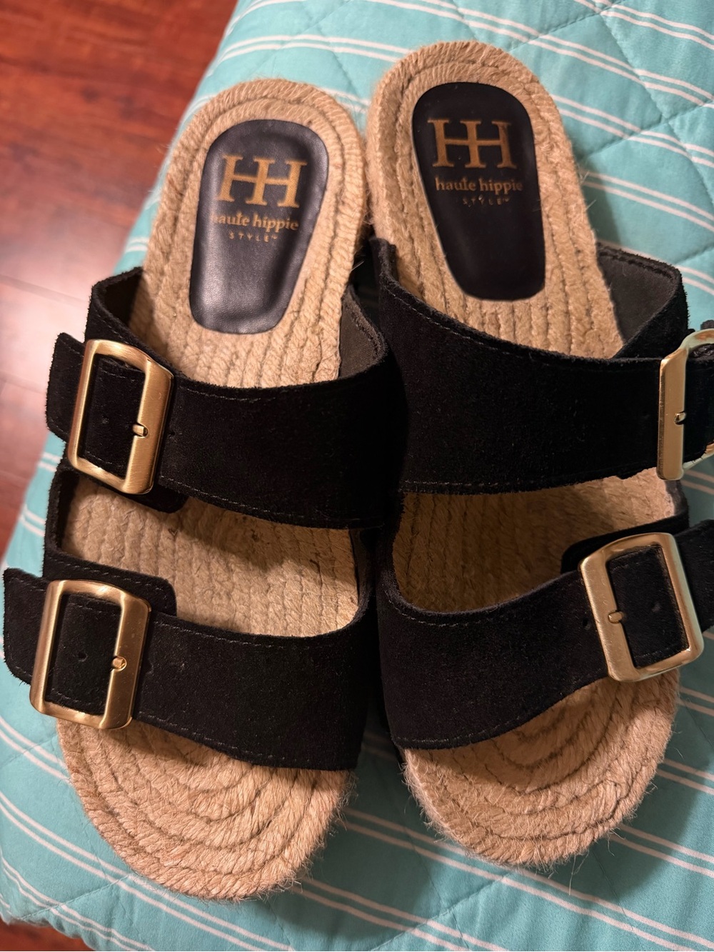 Haute Hippie Black Suede Double-Buckle Slide Sandals